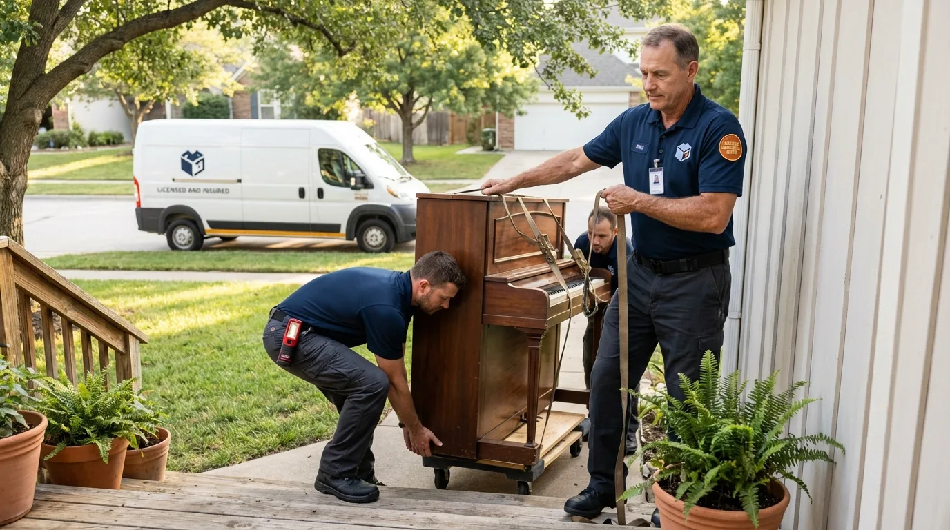 Licensed piano movers securing grand piano in Mifflintown, PA
