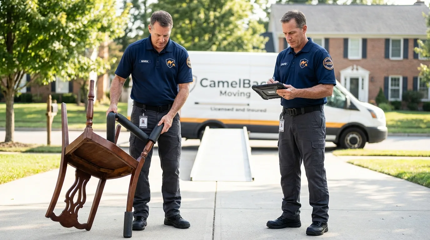 Movers inspecting furniture for damage prevention before loading in Mifflintown, PA