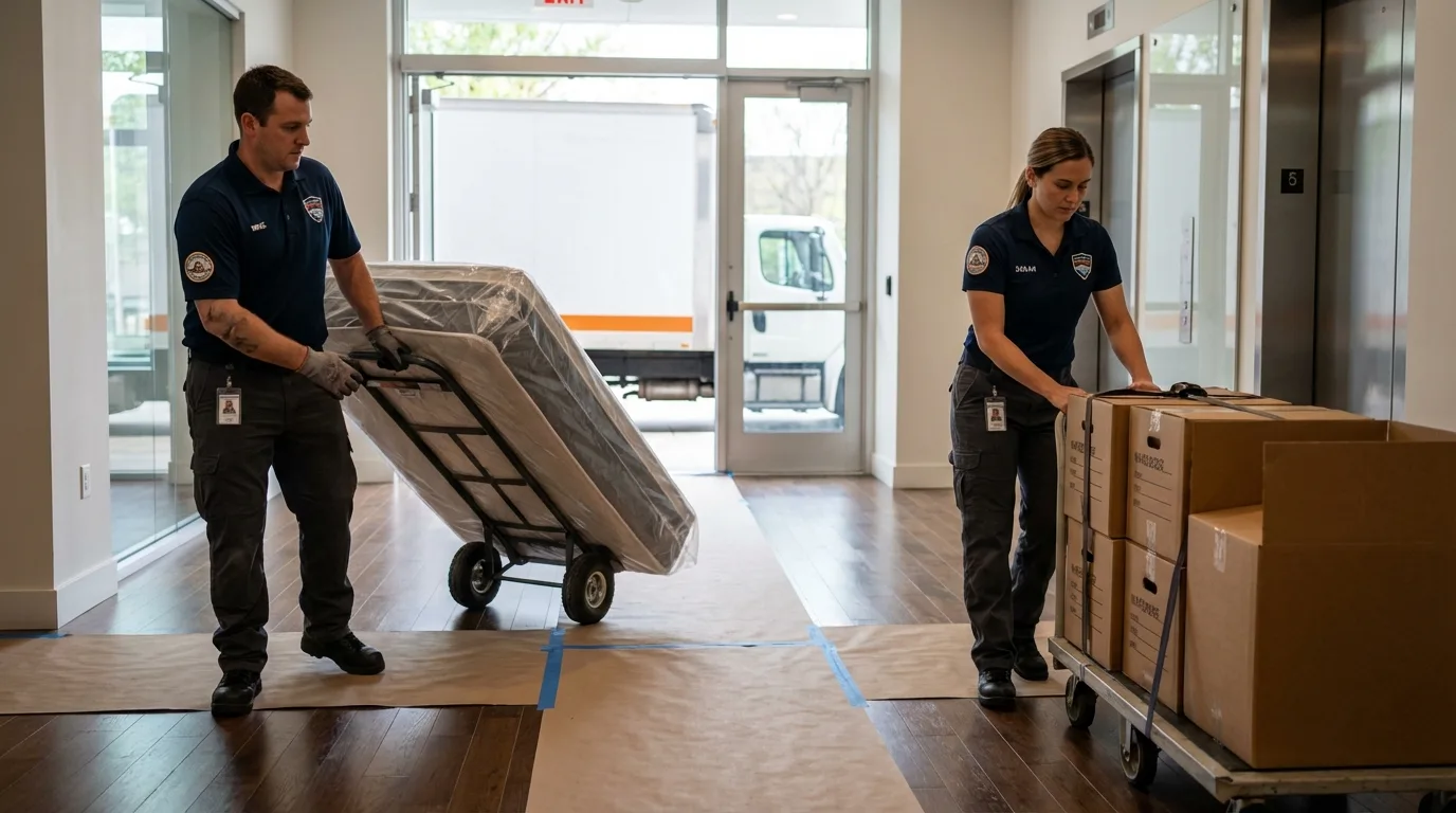 Professional apartment movers loading elevator in Mifflintown, PA