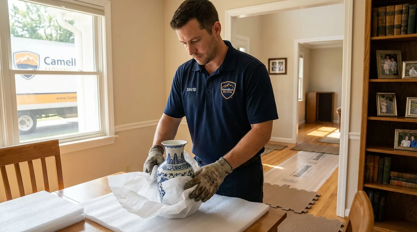 Professional crew carefully wrapping antique vase for senior downsizing move in Mifflintown, PA